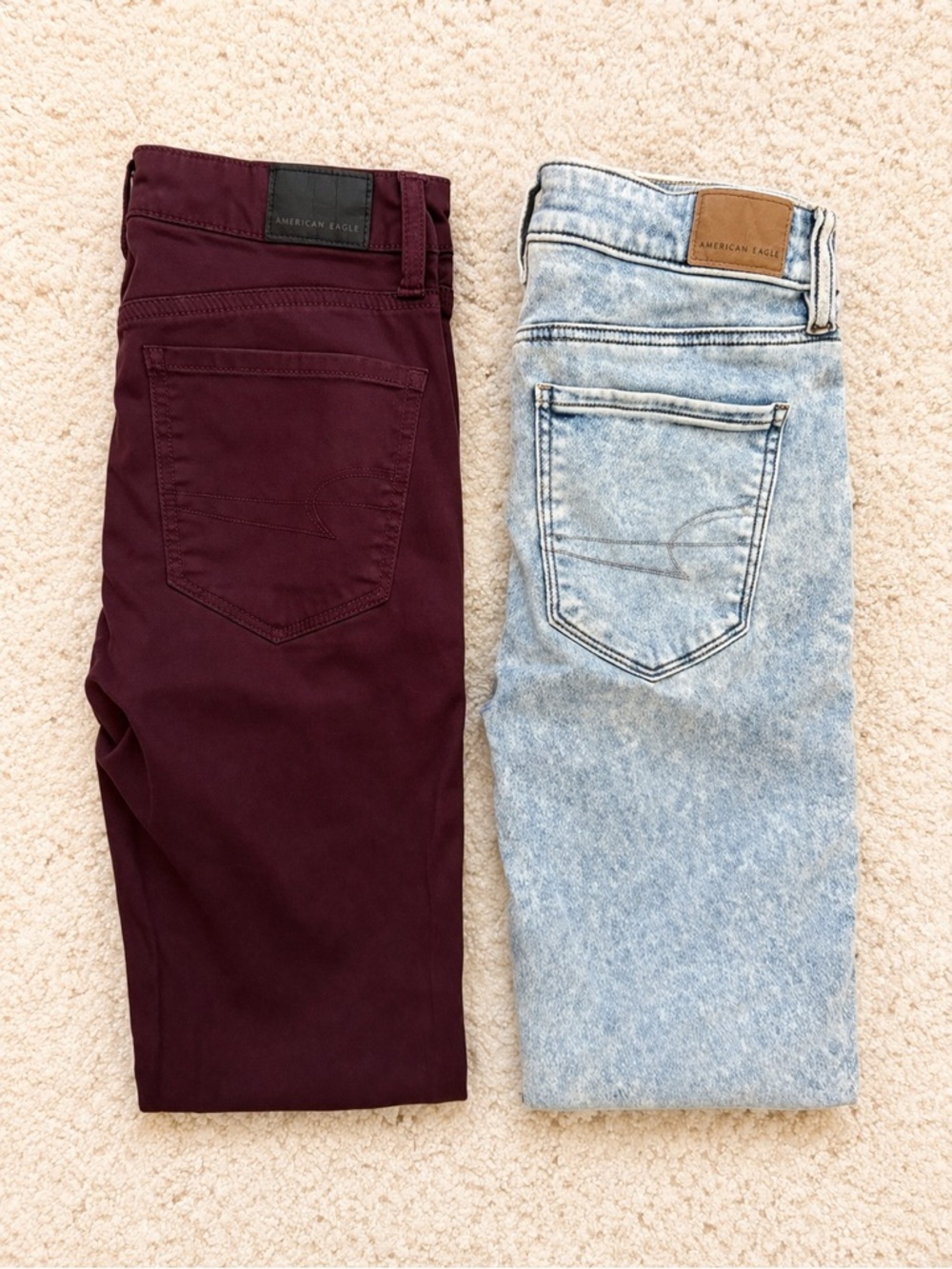 American Eagle Outfitters Men’s Burgundy and Light Wash Slim Jeans